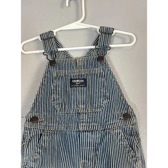 OshKosh B Gosh Conductor Stripe Overalls Toddler 18 Months Denim Jean Cotton - Picture 2 of 7